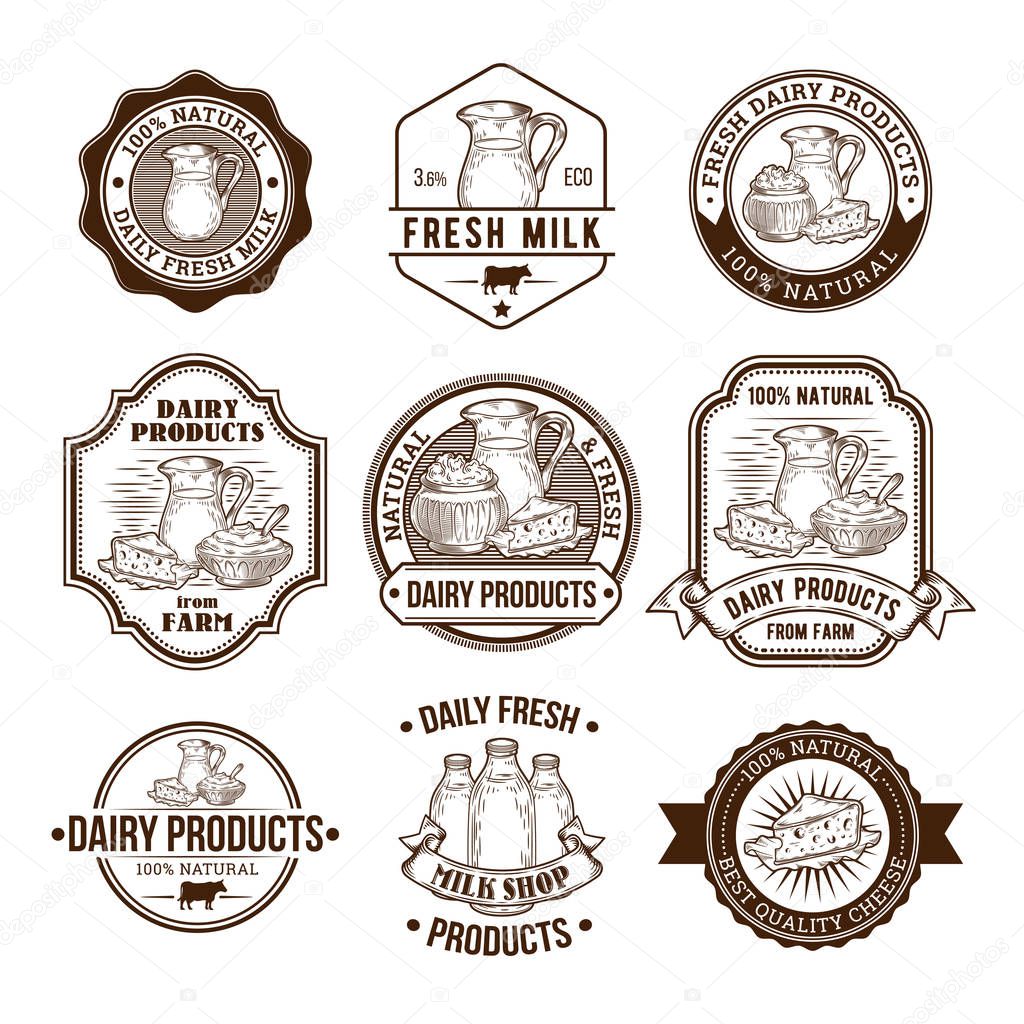 Set of vector illustrations, badges, stickers, labels, stamps for milk and dairy products for packaging, advertising and grocery stores