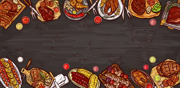 Ilustración vectorial, pancarta culinaria, fondo barbacoa con carne a la parrilla, salchichas, verduras y salsas . — Vector de stock