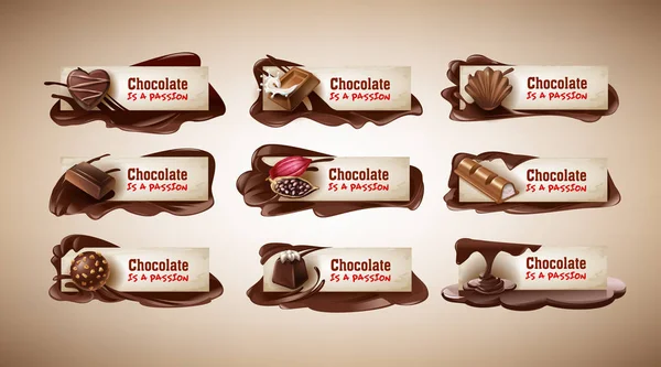 Uppsättning vektor illustrationer, banners med choklad godis, Chokladstång, kakaobönor och smält choklad — Stock vektor