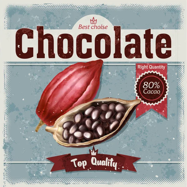ココア豆、グランジ背景にチョコレートの木の果実のベクトルのレトロなイラスト. — ストックベクタ