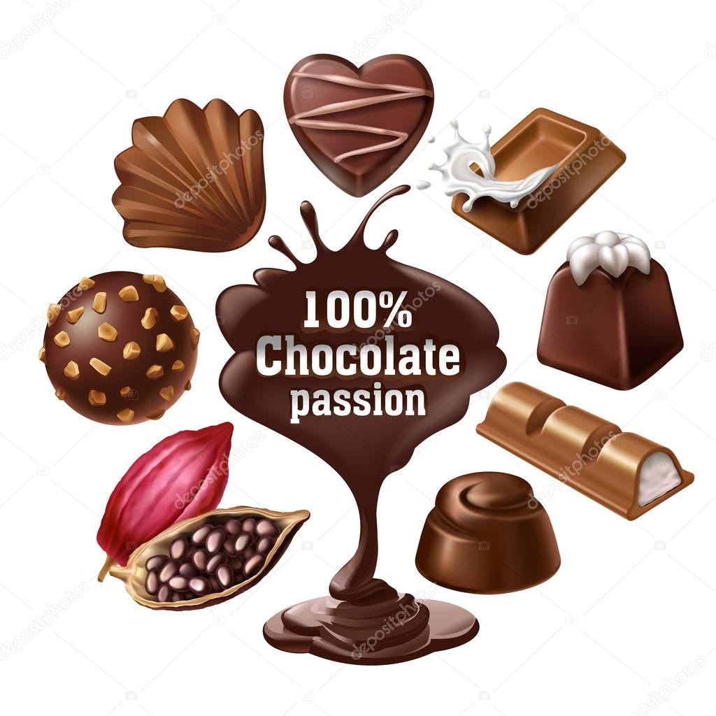 Set of vector icons of chocolate desserts and candies, liquid chocolate and cocoa beans
