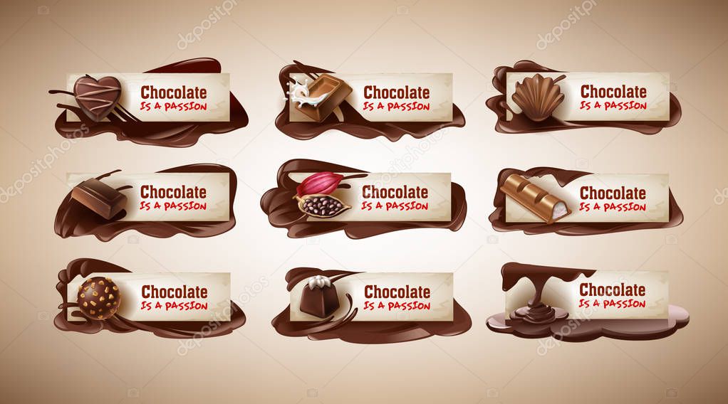 Set of vector illustrations, banners with chocolate sweets, chocolate bar, cocoa beans and melted chocolate