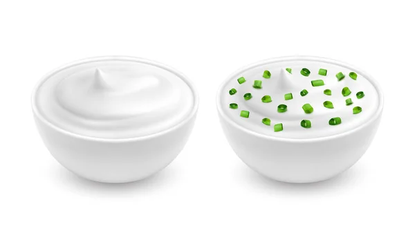 Ilustración vectorial de un cuenco blanco de estilo realista con crema agria, yogur con cebolla verde en rodajas — Archivo Imágenes Vectoriales