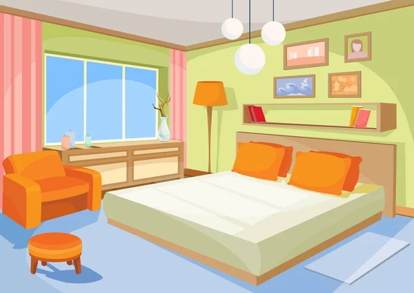 Vector ilustración de dibujos animados interior naranja-azul dormitorio, una sala de estar con una cama, silla suave — Vector de stock
