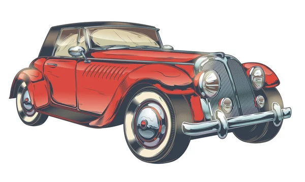 Vetor vintage ilustração de carro retro vermelho em estilo gravura — Vetor de Stock