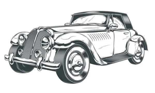 Vector black and white illustration of retro car in engraving style — Stock Vector