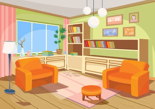 Ilustración vectorial de un interior de dibujos animados de una habitación naranja en casa, una sala de estar con dos sillones suaves — Vector de stock