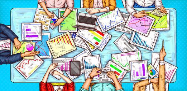 Векторная поп-арт иллюстрация мужчины и женщины, сидящих за столом переговоров
