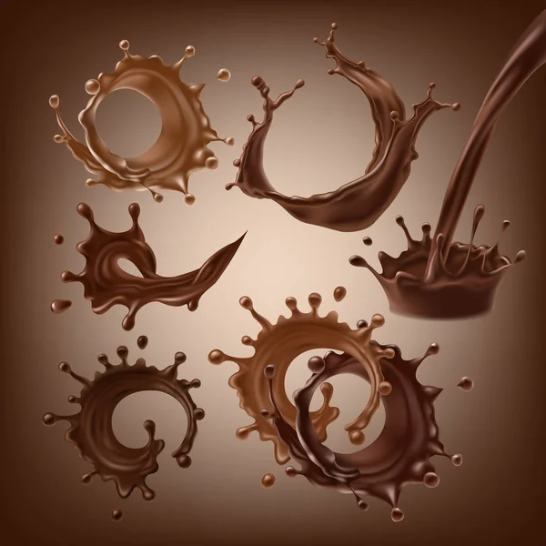 Conjunto de ilustrações vetoriais 3D, salpicos e gotas de chocolate escuro derretido e leite, café quente, cacau — Vetor de Stock