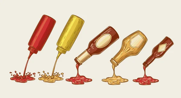 Векторна ілюстрація гравірування набору різних соусів наливається з пляшок — стоковий вектор