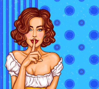 Vektör pop sanat çizim parmağını dudaklarını üzerinde tutarak ve sessizlik için soran seksi kız
