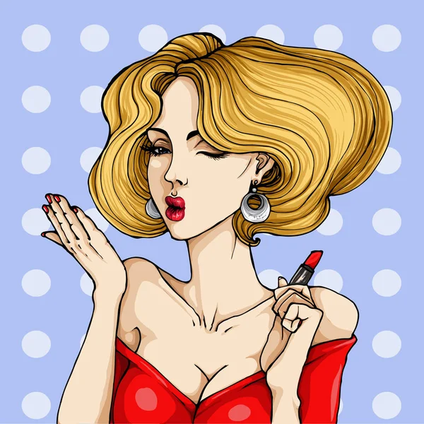 Vektor pop art illusztrációja egy gyönyörű nő, alkotják a száját a vörös rúzs — Stock Vector