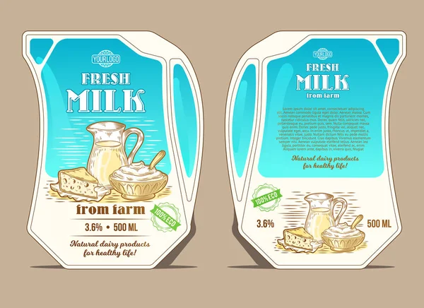 Векторні ілюстрації в стилі гравіювання, дизайнерська упаковка для молока, напівфабрикат у вигляді глечика — стоковий вектор