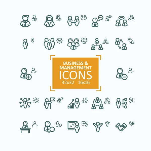 Set of vector illustrations fine line icons, collection of business people icons, personnel management — Stock Vector