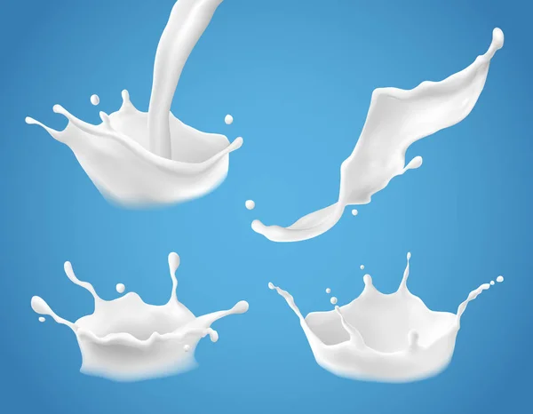 套 3d 矢量牛奶飞溅和浇注、 现实天然奶制品，酸奶或奶油 — 图库矢量图片