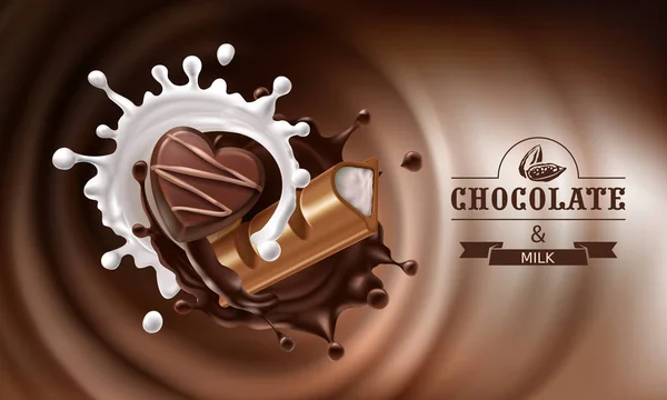 Spatten van gesmolten chocolade met chocoladerepen — Stockvector