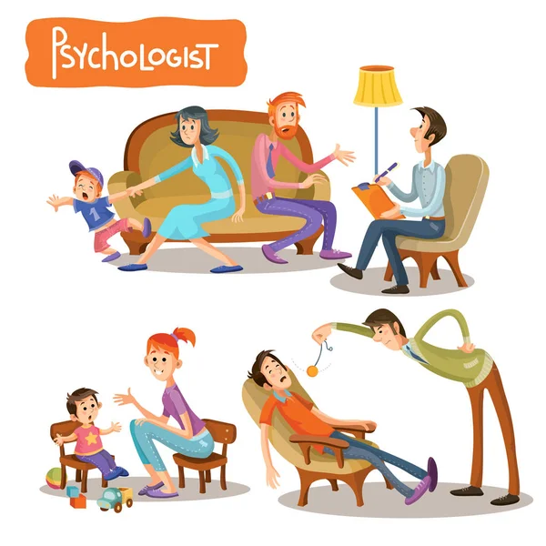 Set of cartoon illustrations with a psychologist — Stock Vector