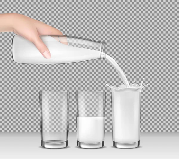 Mano verter la leche del frasco — Vector de stock