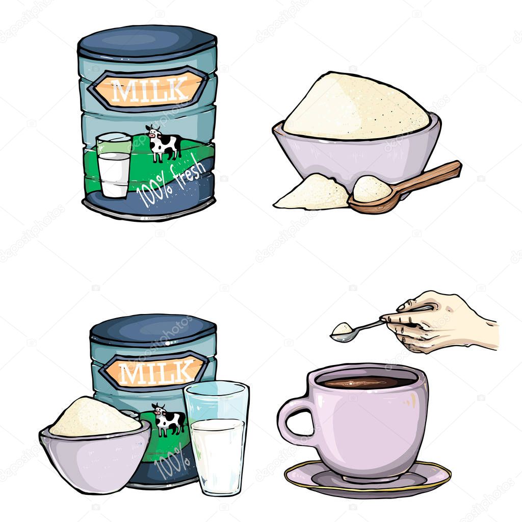 Set of cartoon illustration of milk powder