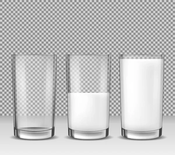 Набор векторных реалистичных иллюстраций, изолированных икон, стаканов пустых, наполовину полных и полных молока, молочных продуктов — стоковый вектор