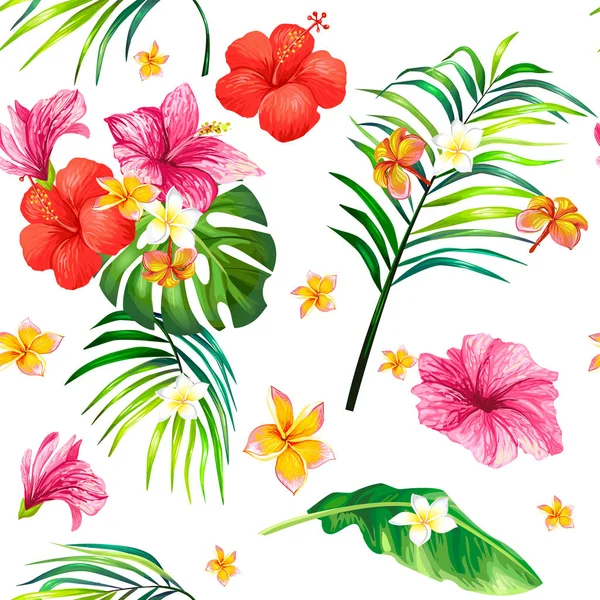 Illustrazione realistica vettoriale, modello senza cuciture con fiori di ibisco tropicale e foglie di palma — Vettoriale Stock