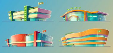 Set of vector cartoon illustrations, various supermarket buildings, shops, large malls, stores clipart