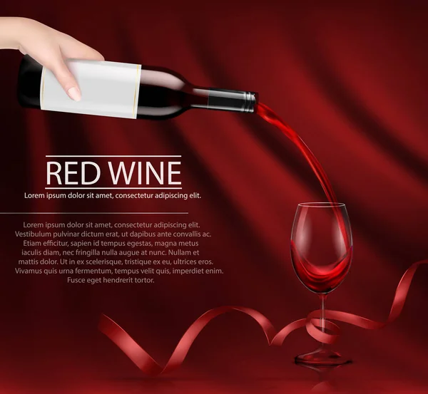 Ilustração vetorial de uma mão segurando uma garrafa de vinho de vidro e derramando vinho tinto em um copo — Vetor de Stock