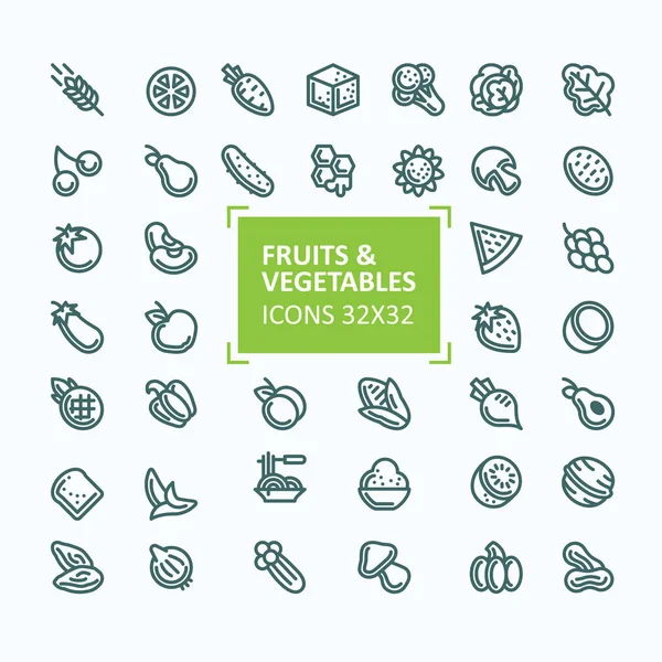 Set of vector icons of fruits and vegetables in the style of a thin line, editable stroke — Stock Vector