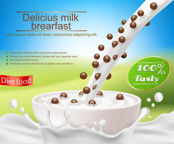 Векторный реалистичный плакат с молочным брызгом и молоком, наливающимся в чашку с завтраком из хлопьев, шоколадные хлопья — стоковый вектор