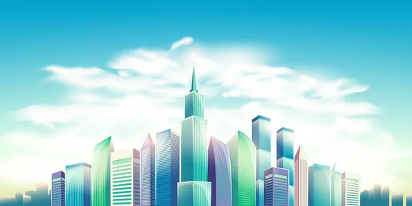 Ilustración de dibujos animados vectoriales, pancarta, fondo urbano con edificios modernos de grandes ciudades — Vector de stock