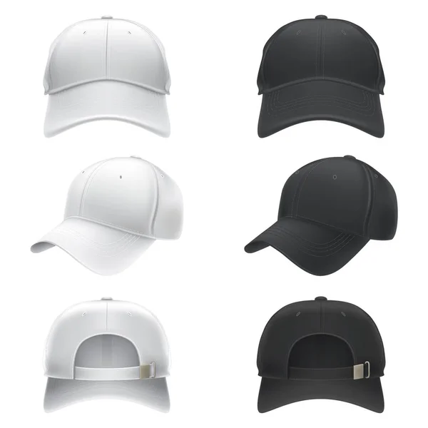 Vector realistic illustration of a white and black textile baseball cap front, back and side view — Stock Vector