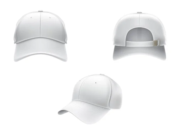 Ilustración realista vectorial de una gorra de béisbol textil blanca vista frontal, trasera y lateral — Vector de stock