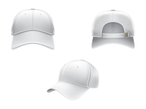 Vector realistic illustration of a white textile baseball cap front, back and side view