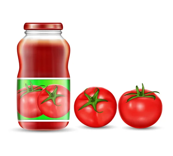 Vektorillustration av röda tomater och burkar med tomatjuice, ketchup, sås. — Stock vektor