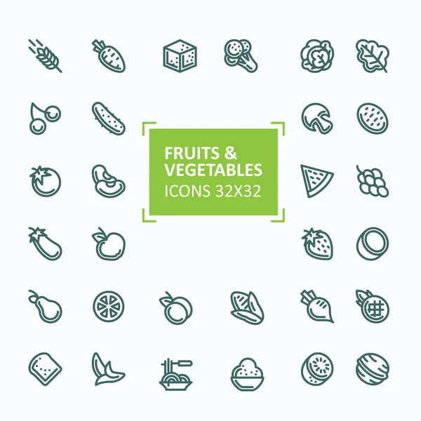 Set of vector icons of fruits and vegetables in the style of a thin line, editable stroke — Stock Vector