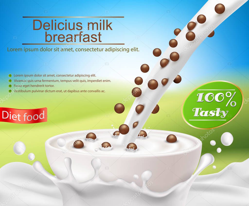 Vector realistic poster with a milk splash and milk pouring into a cup with a cereal breakfast, chocolate cereal balls