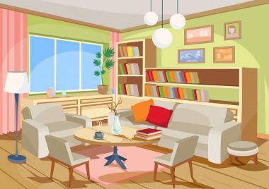 Bir rahat karikatür iç ev bir oda, bir salon vektör çizim