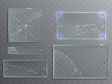 Vektör çizim şeffaf cam plakanın çatlak, kırık panelleri ile kümesi