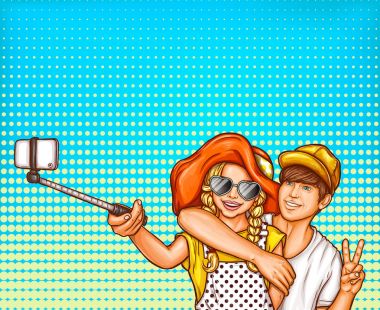 Bir genç kız ve erkek selfies Smartphone'da yapma vektör pop sanat çizim.