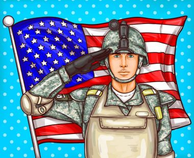 Vektör pop sanat çizim için bir anma günü - erkek asker karşı bir Amerikan bayrağı