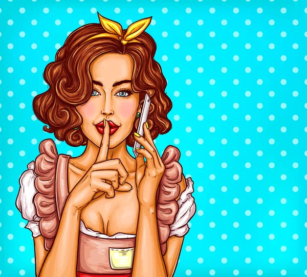 Vector pop arte ilustração de uma jovem menina sexy falando em um telefone celular —  Vetores de Stock