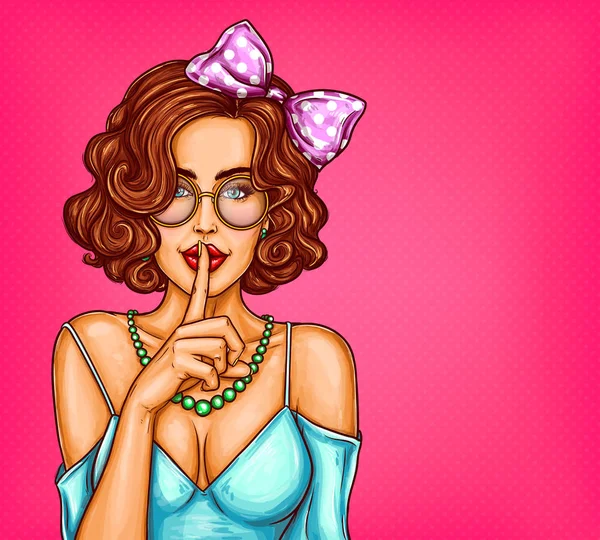 Векторный поп-арт иллюстрация сексуальной девушки, держащей палец на губах и просящей тишины — стоковый вектор