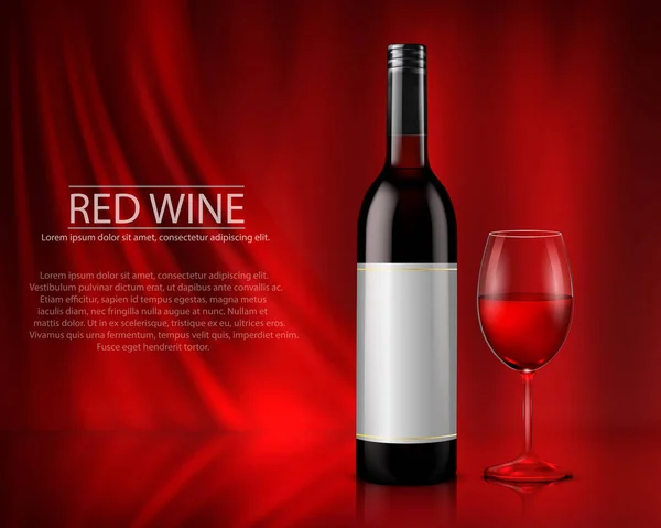 ワインのガラス瓶とグラスで白ワインと赤ワインの現実的なベクトル イラストのセット — ストックベクタ