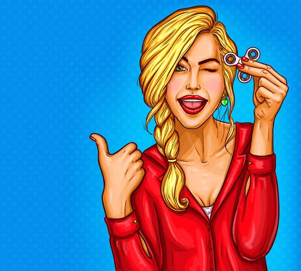 Illustration vectorielle pop art d'une belle jeune femme jouant avec une fileuse de fidget . — Image vectorielle
