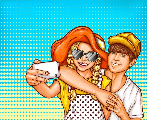 Bir genç kız ve erkek selfies Smartphone'da yapma vektör pop sanat çizim.