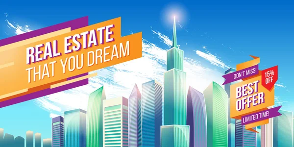 Vektör karikatür çizim, afiş, modern büyük şehir binaları ile kentsel arka plan