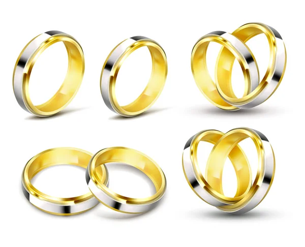 Conjunto de ilustraciones vectoriales realistas de anillos de boda de oro con sombra — Vector de stock