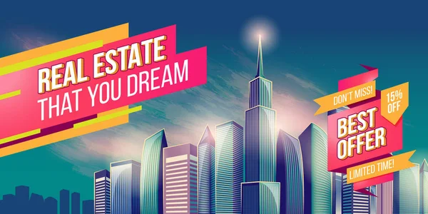 Vektör karikatür çizim, afiş, modern büyük şehir binaları ile kentsel arka plan