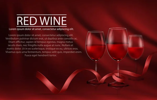 Illustrazione vettoriale, luminoso poster realistico con una fila di bicchieri pieni di vino rosso e nastro rosso — Vettoriale Stock