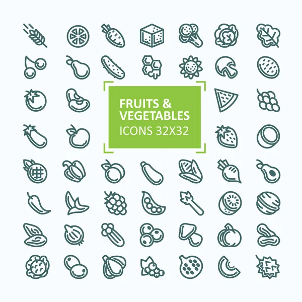 Conjunto de iconos vectoriales de frutas y verduras en el estilo de una línea delgada, un trazo editable — Vector de stock